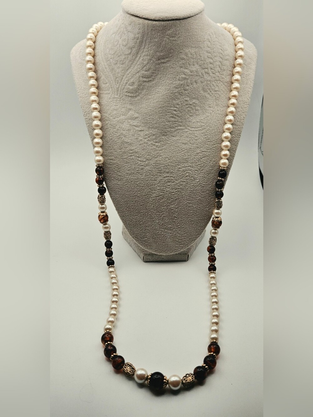Vintage 1928 Jewelry Co Pearl Amber Glass Bead Necklace Gold Tone Filigree 31”